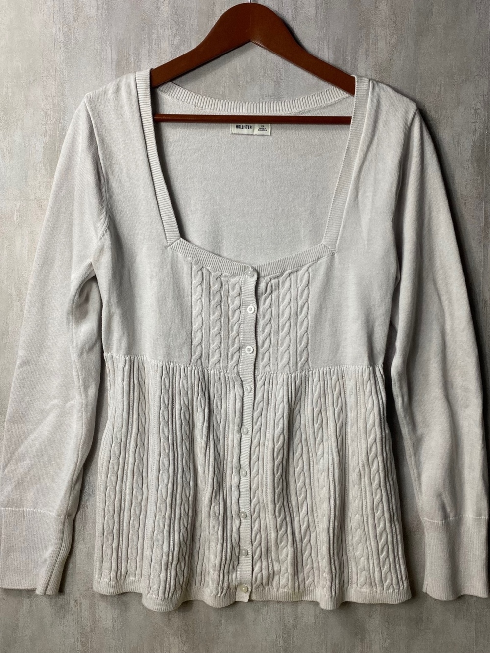 Hollister Co Square Neck Cable Knit Babydoll Cardigan Sweater TopCream Womens XL